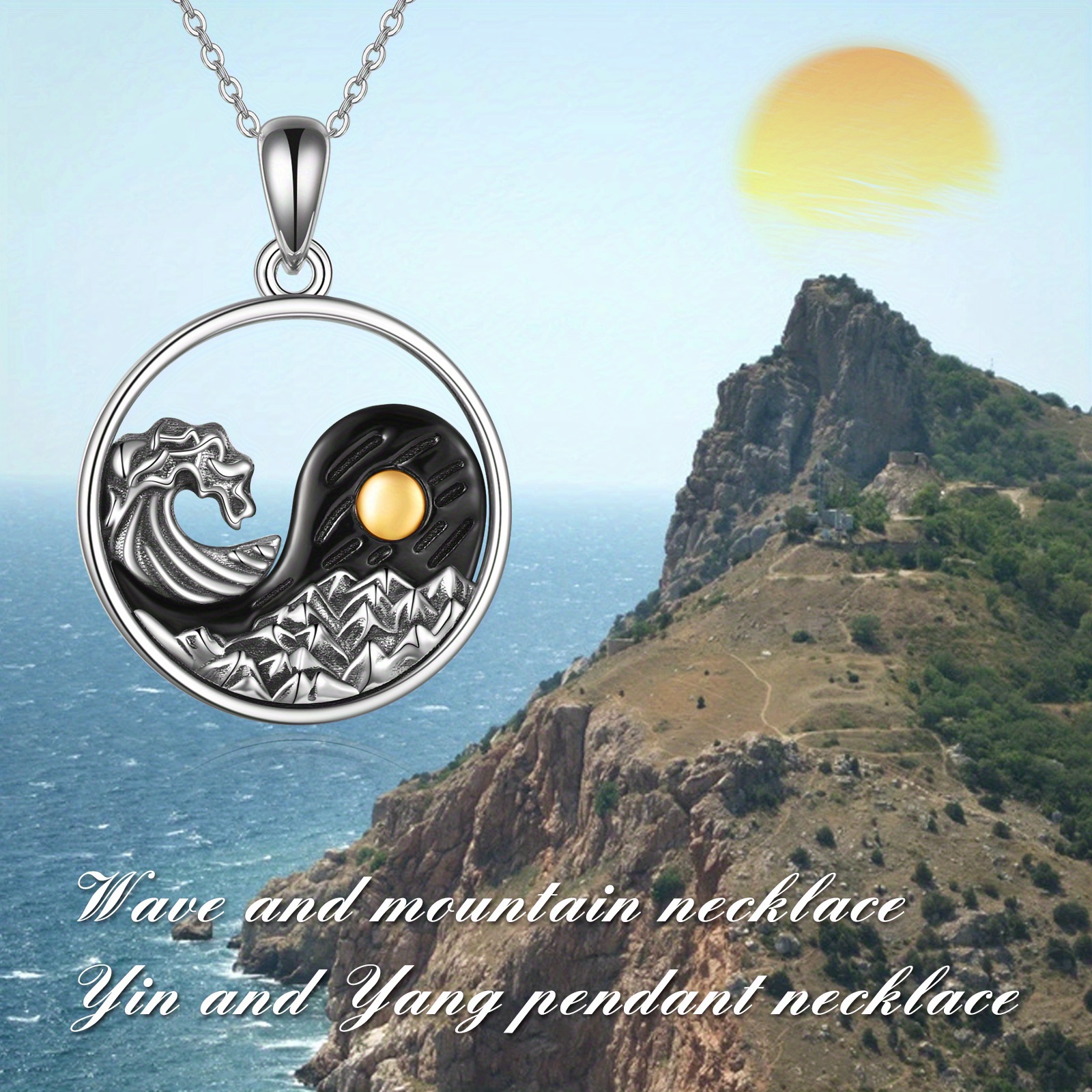 925 Sterling Silver Mountain & Wave Pendant Necklace